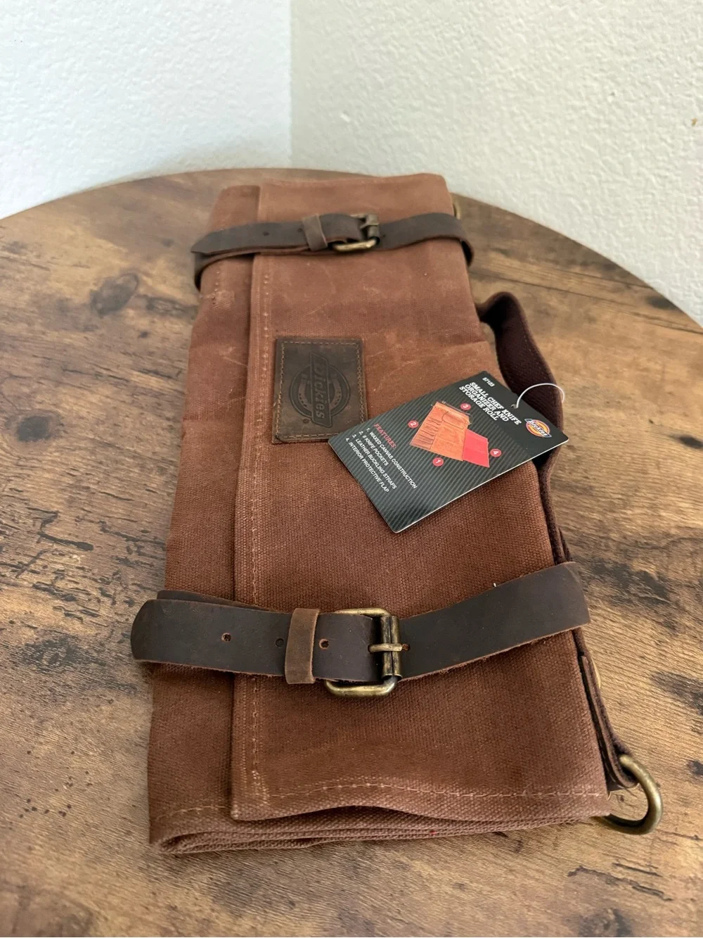 Dickies Brown Canvas Roll-Up Chef Knife Organizer and Storage Roll Leather Strap